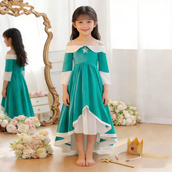 Cross-Border New Style Children's One-Shoulder Green Evening Dress Cosplay Mario Rosita Color-Blocking Princess Dress