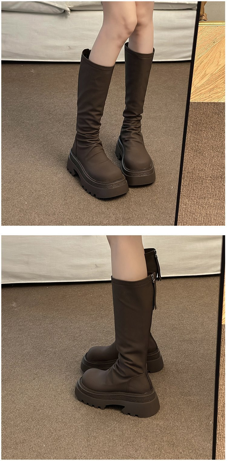 Moteriški storapadiai platforminiai aulinukai iki kelių 2023 m. rudens ir žiemos madingi klostuoti aulinukai iki kelių, ploni, elastingi aulinukai_voghion.com