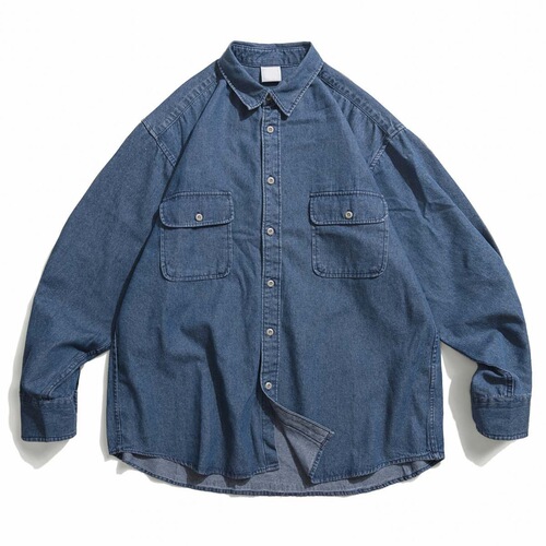 Washed Vintage Denim Shirt for Men - Long Sleeve Loose Workwear Casual Blouse Trendy Retro Simple Jacket