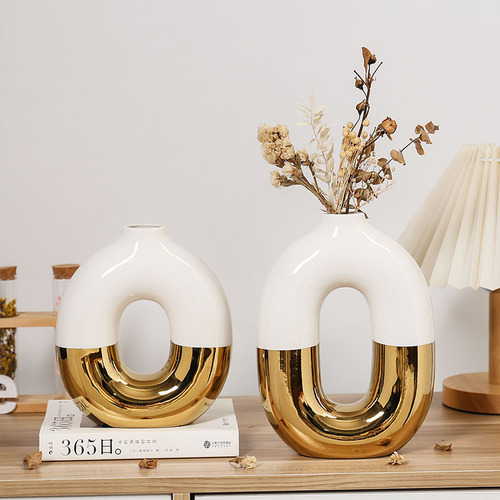 Luxury golden electroplated ceramic oval flower vase home craft art piece living room soft decoration 