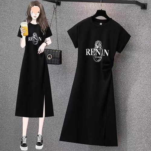 Women's Summer Plus-Size Design-Driven Casual Mid-Length Slit Dress with Short Sleeves for a Slimming, Figure-Hugging Fit