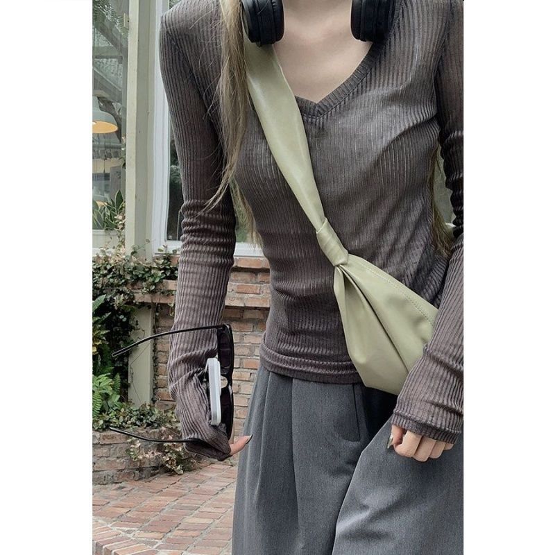 纯欲风v领长袖微透T恤女装夏季修身薄纱防晒罩衫辣妹上衣|undefined