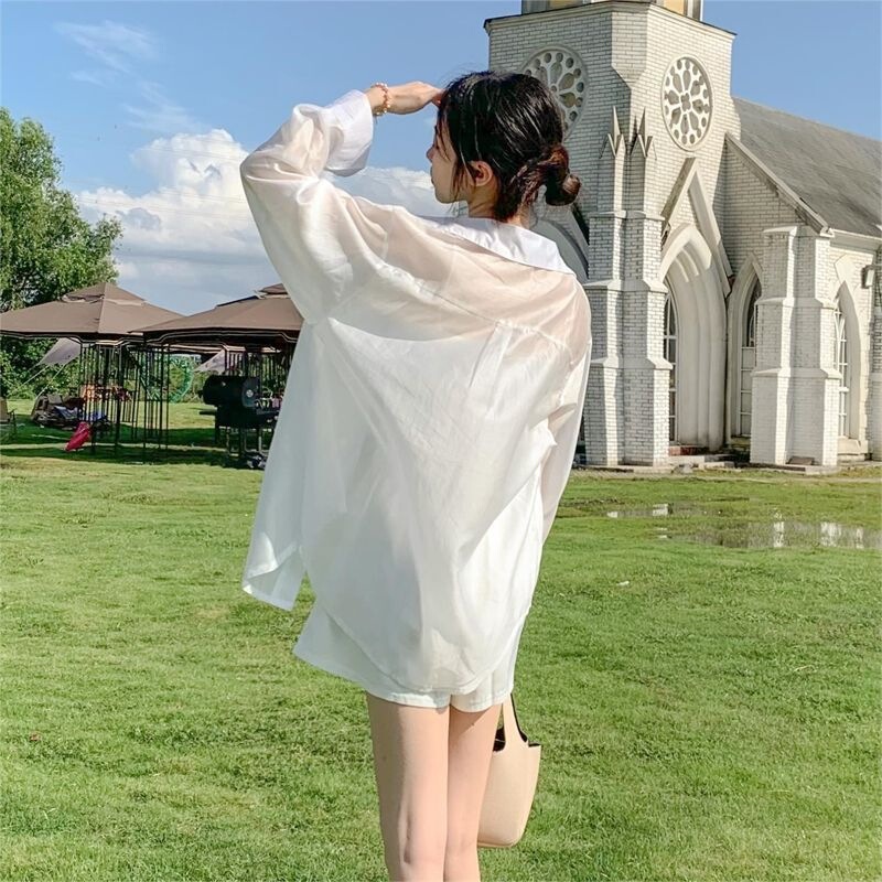Sun Protection Shirt for Women with Back Slit and Tie-Up Design, Summer Thin White Slightly Sheer Outerwear Blouse Jacket Sun Protection Shirt for Women with Back Slit and Tie-Up Design, Summer Thin White Slightly Sheer Outerwear Blouse Jacket