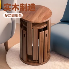 ラバーウッド無垢材多機能スタッキングラウンドスツールは積み重ね可能新しい中国風のリビングルームベッドルームダイニングスツールの組み合わせは設置不要です