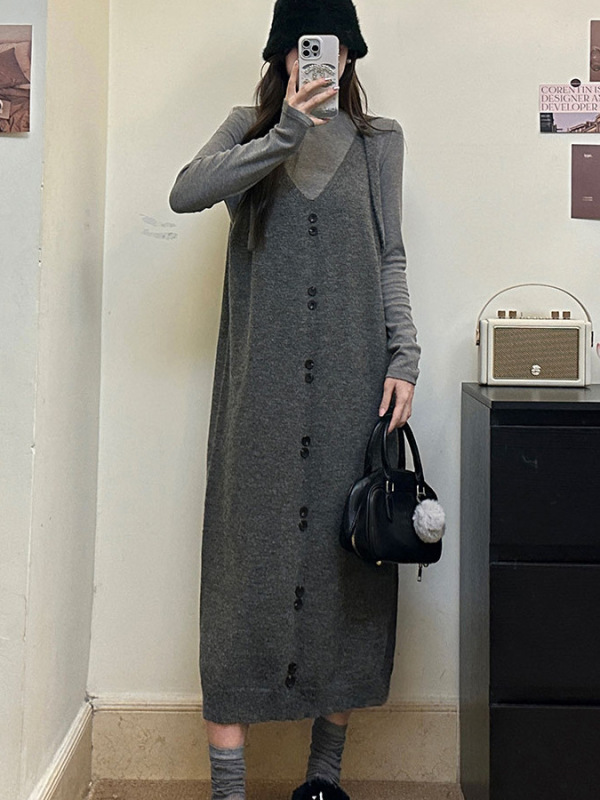 灰色针织背带裙连衣裙秋冬装新款宽松慵懒风中长款毛衣吊带裙外穿|undefined