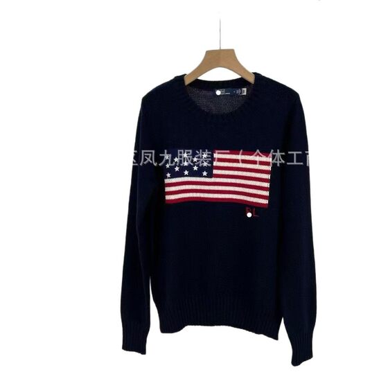 high quality R.L European and American New Loose Round Neck Flag Pattern Simple All-match Knitted Sweater Casual All-match