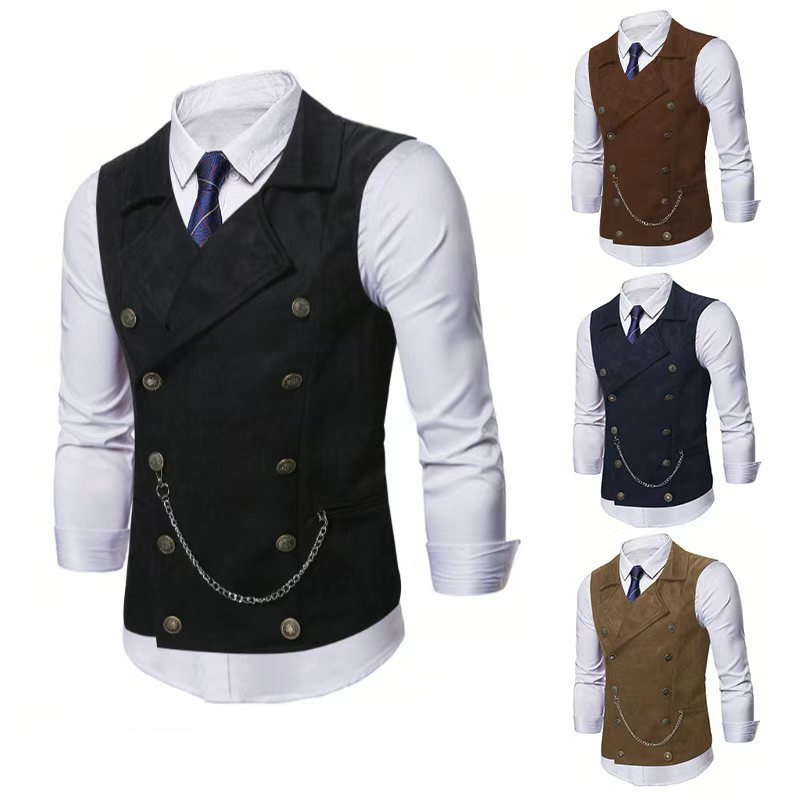 2026 Foreign Trade Cross-Border European and American Men's Double-Breasted Suit with Chain Business Vest for Men Amazon Temu240412
