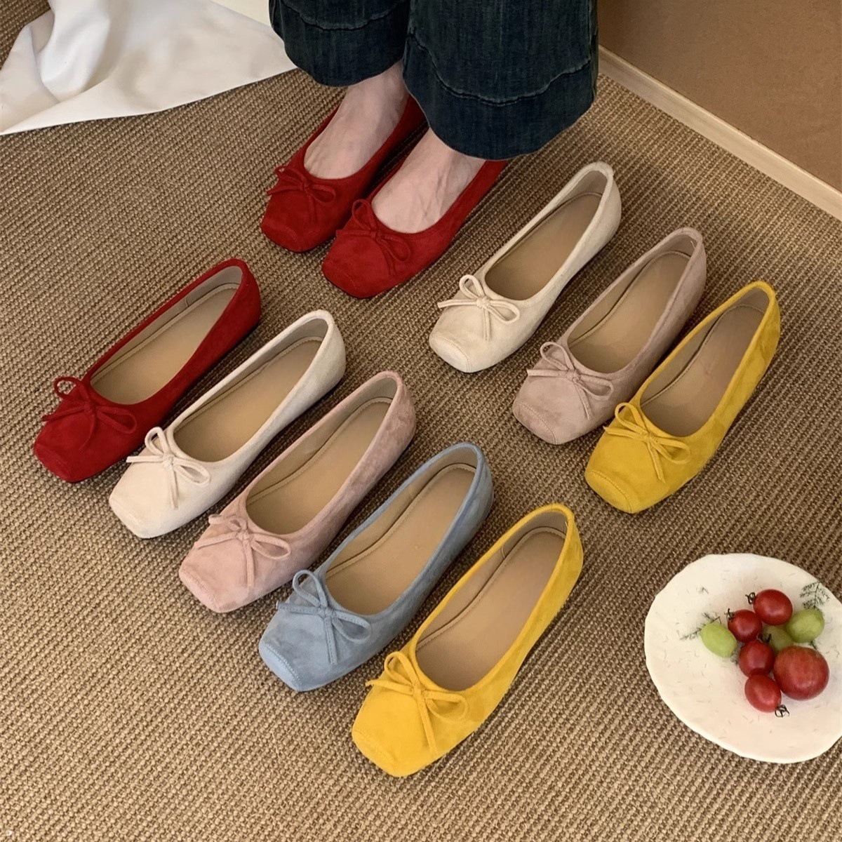 Flat Red Shoes for Women Spring New French Style Gentle Fairy Ballet Style Bean Shoes with Inner Heightening Yellow Scoop Shoes