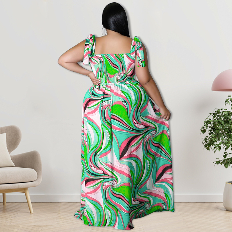 Maxi jurk met spaghettibandjes en smockwerk en strikprint_voghion.com