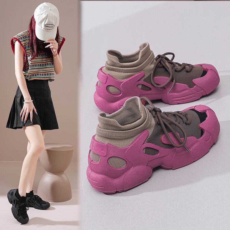 Foreign Trade Large Size Women's Socks and Shoes, One-Piece Breathable Fly-Knit Mesh Sneakers, Height-Increasing Thick-Soled Casual Trendy Shoes