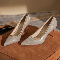 85513【羊皮】尖頭高跟鞋女2024年夏季新款閃粉婚鞋性感細跟單鞋