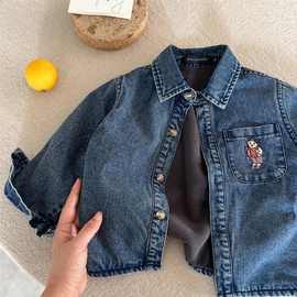 儿童加绒牛仔衬衫冬款男童加厚保暖衬衣宝宝小熊刺绣女童外套
