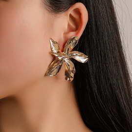 欧美时尚新潮夸张金属质感耳环大小蝴蝶多层花卉创意合金耳钉耳饰