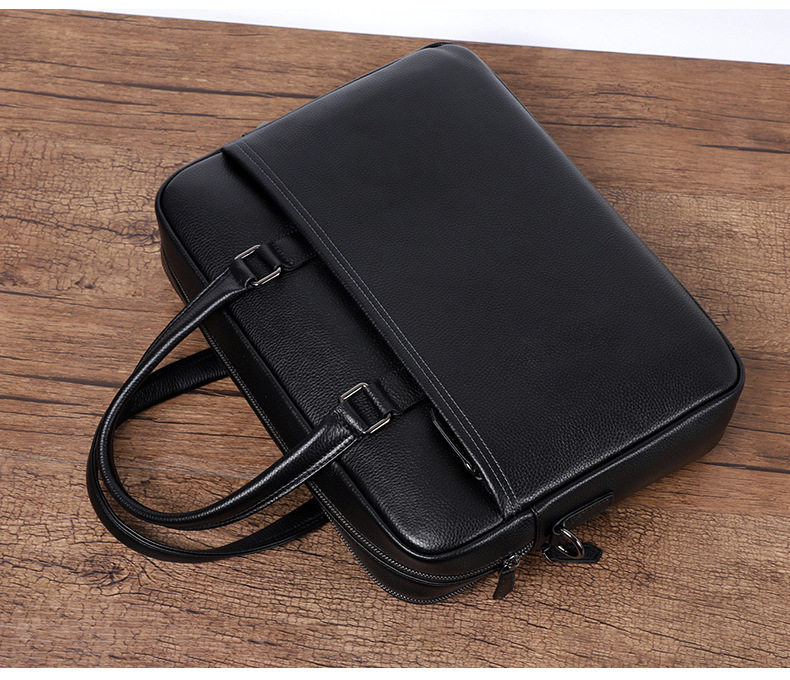 Túi xách tay nam da bò thật 39×10×29 cm có hai ngăn khóa kéo, đeo chéo một vai — Màu đen chi tiết 4