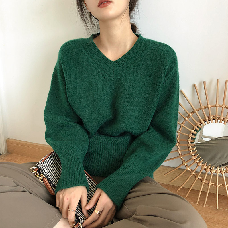 韓国東大門無地ソフトワックス状 V ネックセーター女性の秋と冬の長袖アウタープルオーバートップボトミングセーター|undefined