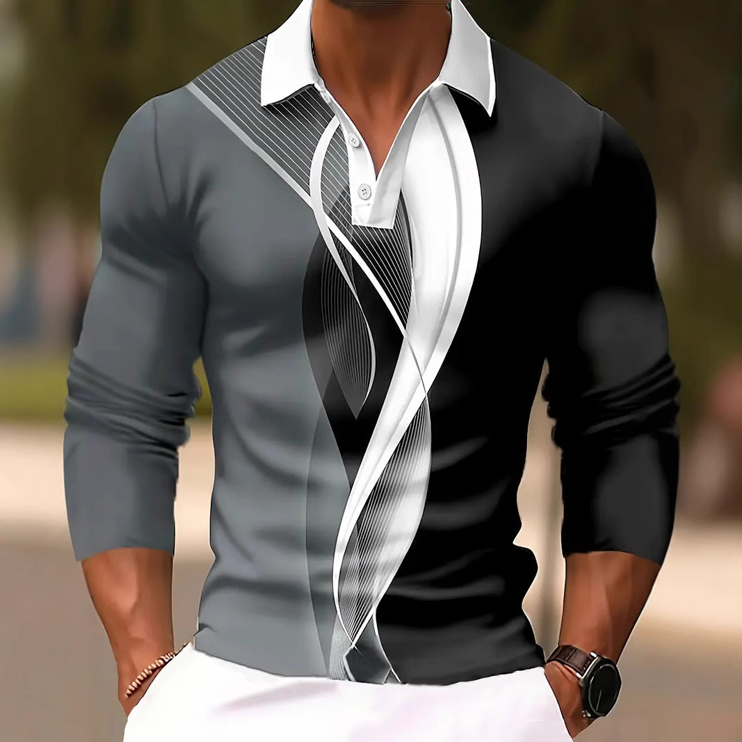 Primavera y verano estilo delgado diseño de alta calidad Volkswagen geométrico colorido manga larga solapa botón POLO camisa MB14