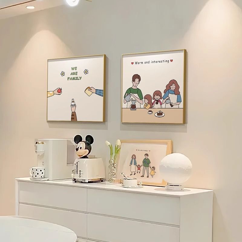 A Family of Four Restaurant Decorative Paintings Nordic Cream Style Kitchen Murals Warm Dining Room Dining Table Side Wall Paintings
