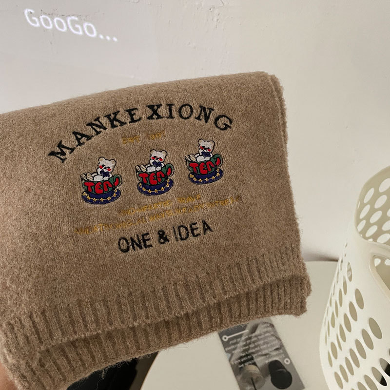 Sciarpa ricamata con tre piccoli orsetti ~ Dolce sciarpa in cashmere per il calore autunnale e invernale delle donne Coppia lavorata a maglia al collo_voghion.com