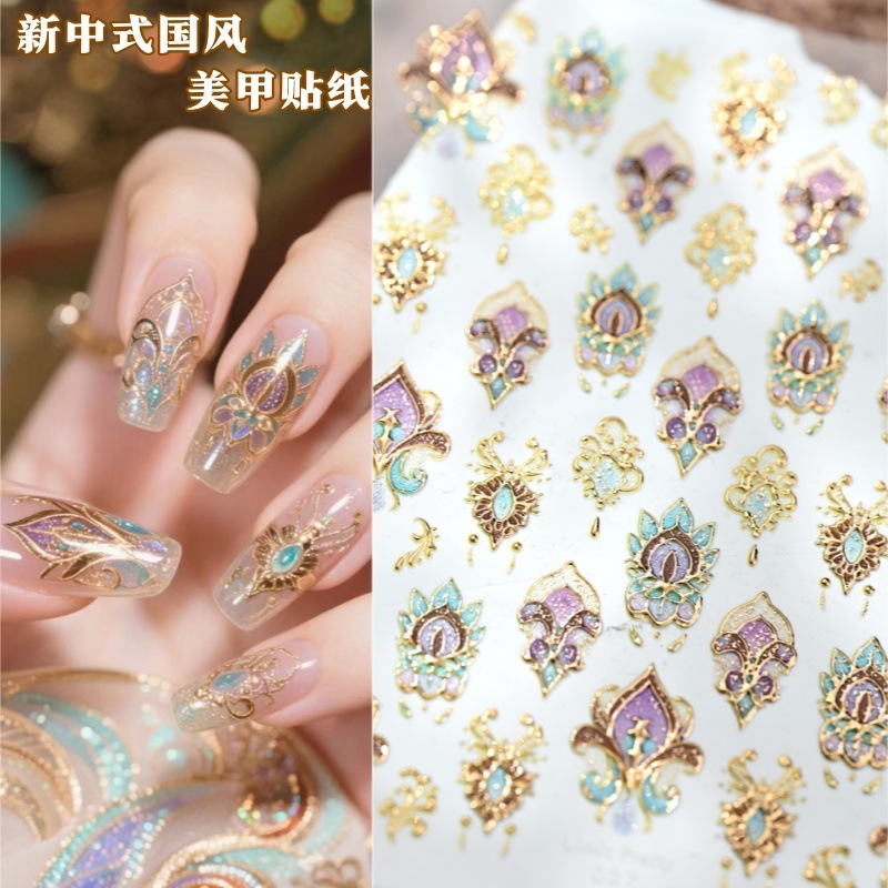 新中式国风敦煌彩塑甲花美甲贴纸法式花朵浮雕立体穿戴甲装饰品|undefined