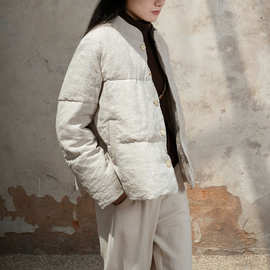 新中式汉棉麻小立领长袖宽松棉服文艺复古冬季百搭纯色夹棉外套女