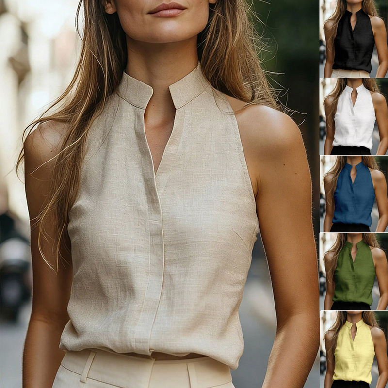 Amazon's Best-Selling 2026 European and American Summer New Cross-Border Sleeveless Stand-Collar Shirt for Women, Simple and Elegant Commuter Top Amazon's Best-Selling 2026 European and American Summer New Cross-Border Sleeveless Stand-Collar Shirt for Women, Simple and Elegant Commuter Top