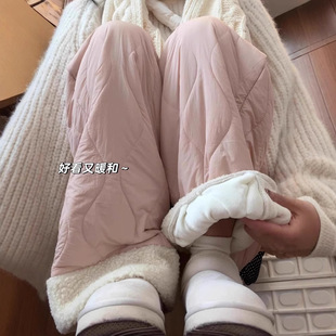 Pink Fleece Cotton Pants Women's Autumn and Winter 2025 New Casual Warm Fleece-Lined Pants Stitching Plush Wide-Leg Pants