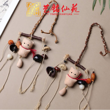 艺铭仙苑榉木雕刻卡通摇尾猫果壳风铃挂件DIY木质手摇铃铛车挂