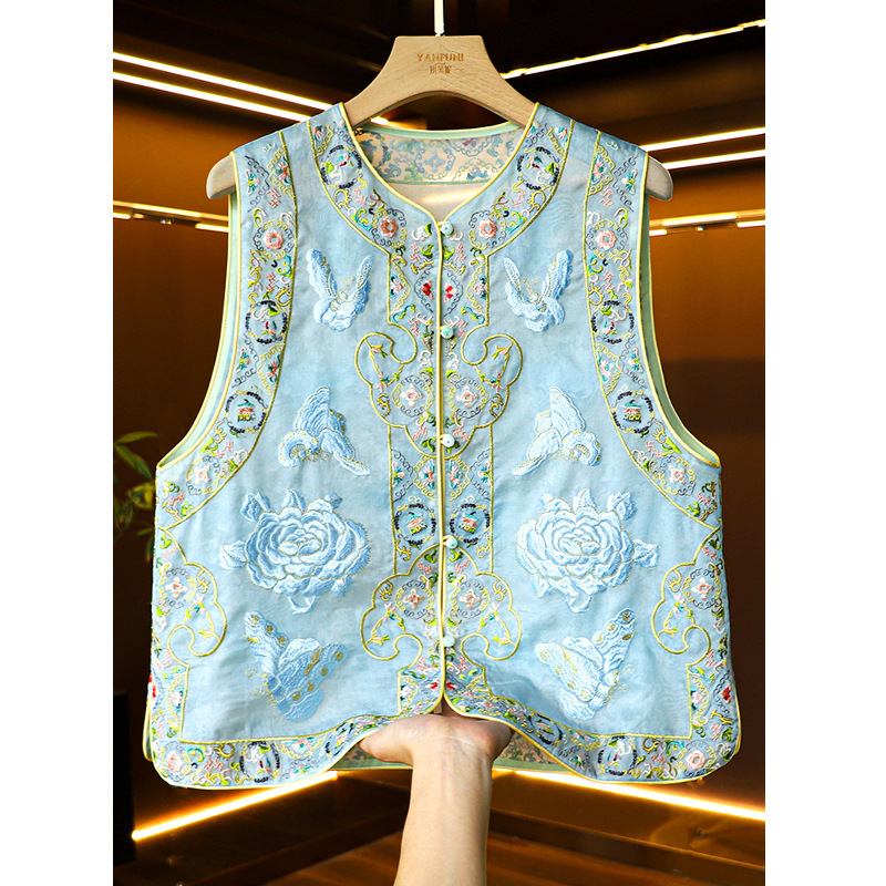736  蓝色重工刺绣新中式真丝马甲女，M L XL，不退不换！！|undefined