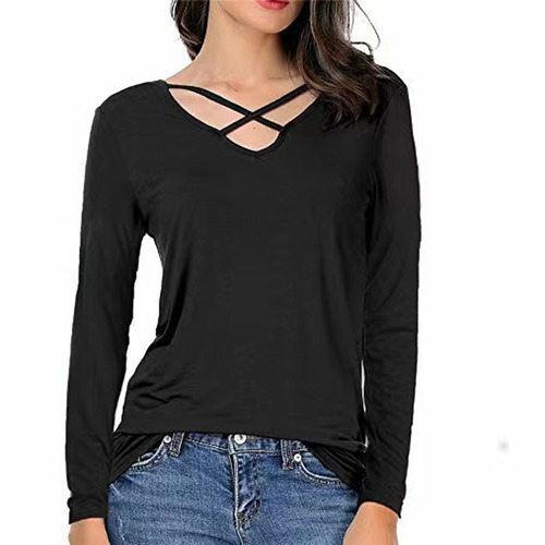 Clear inventory European and American women's clothing wish independent station summer solid color V-neck short-sleeved T-shirt