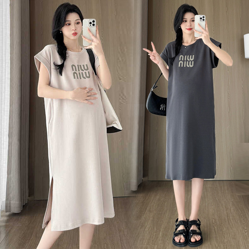 Maternity Summer T-Shirt Skirt Summer Plus Size Top Pregnancy Clothes High-End Fashionable Cotton Dress