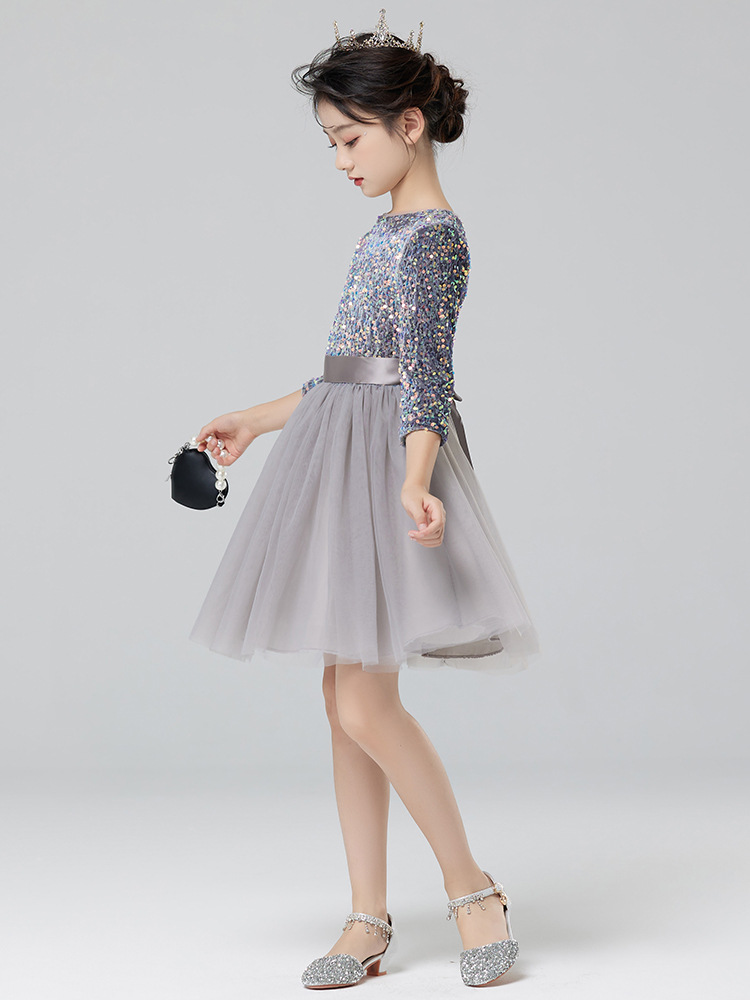 Vestidos para niños, vestidos de princesa de alta gama para niñas, vestidos de interpretación de piano gris, vestidos cortos de manga larga para niños