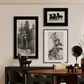 骏马 法式中古风客厅装饰画小众艺术黑白高级感斗柜组合画书房画