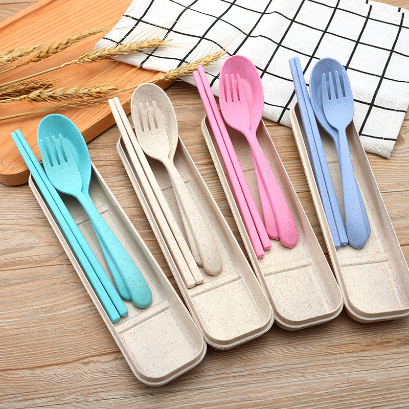 Trigo paja de viaje portátil vajilla traje cuchara Tenedor palillos de tres piezas vajilla caja de almacenamiento traje de regalo image 10