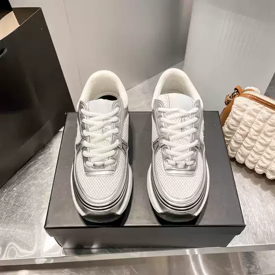 Chunky Platform Dad Sneakers for Women | Tweed-Style Metalic Toe Cap Leather Mesh Patchwork Breathable Casual Sport Shoes