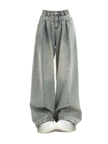 American retro high street light-colored jeans for women's summer thin high-waist loose straight large-size wide-leg mop pants