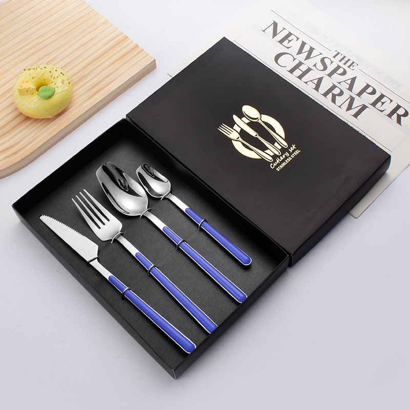新しいステンレス鋼食器ギフトボックス家庭用クリップハンドルデザートスプーンクロスボーダーホット販売ステーキナイフ、フォーク、スプーンセット|undefined