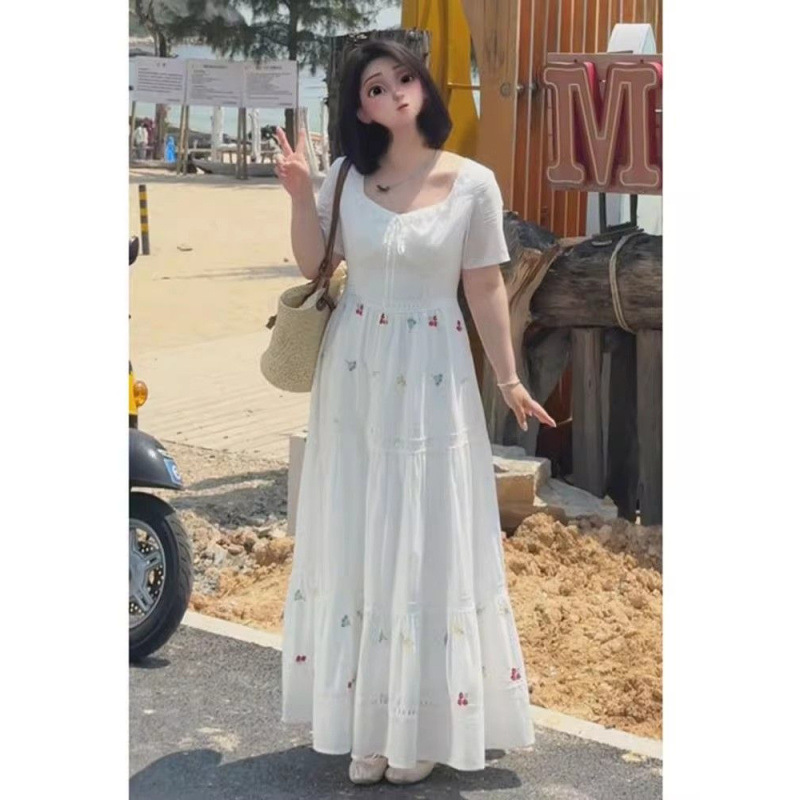 플러스 사이즈 부드러운 스타일 꽃 자수 스퀘어 넥 화이트 드레스 여성 여름 뚱뚱한 mm 허리 슬리밍 롱 스커트