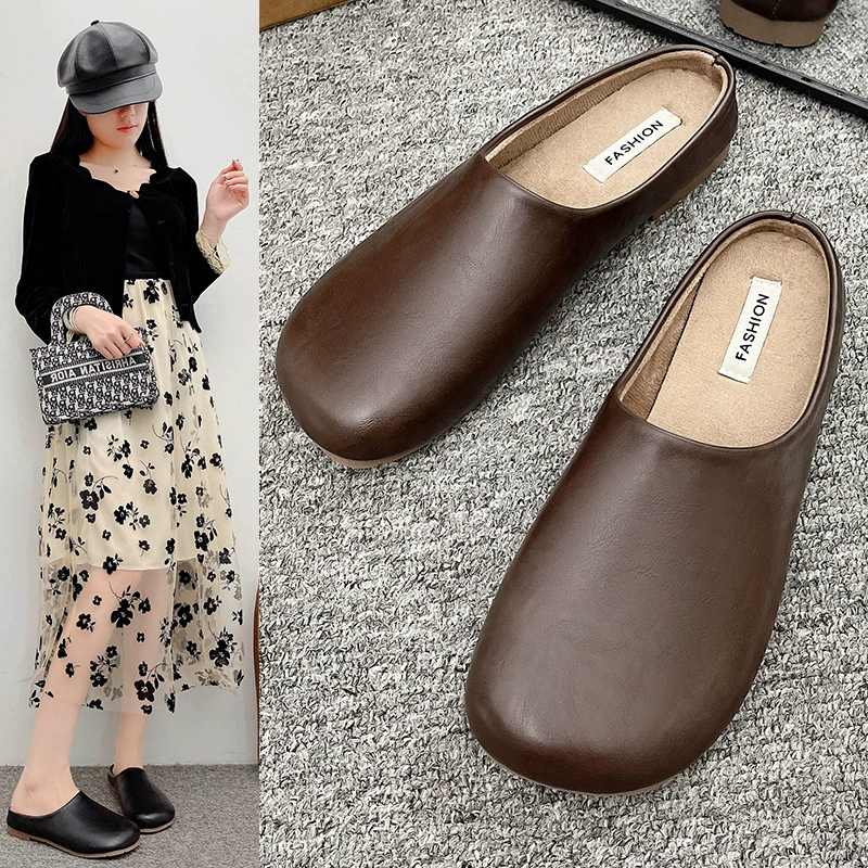 Baotou Bakenken волосатые полужесткие тапочки женский 2024 новый ленивый педаль ретро мягкое дно плюс бархат домашний хлопок