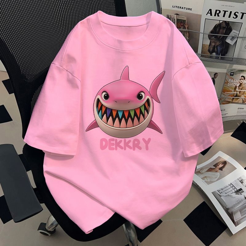 Heavyweight Pure Cotton Korean Style Trendy Shark Print Short Sleeve T-Shirt for Men and Women, Loose Summer Ins Versatile Five-Point Sleeve Top