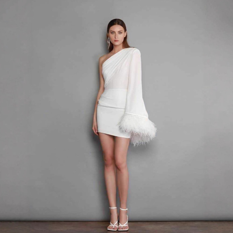 European and American Clothing Wholesale Skirt Trumpet Sleeve White Off Shoulder Dress One Shoulder Imitation Fur Dress