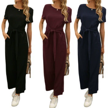 Новый женский модный комбинезон 2025 года в европейском и американском стиле с круглым вырезом, однотонный, с завязками на талии, для экспорта на eBay и Amazon