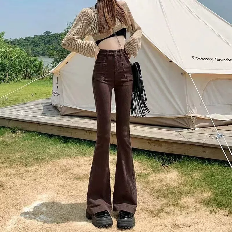 Коричневые расклешенные джинсы для женщин, весна-осень 2024, новые эластичные утягивающие брюки с высокой талией, стильные модные брюки-клеш