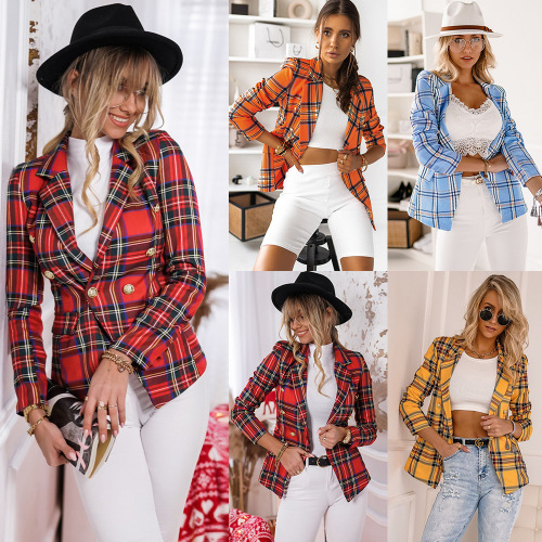 Red yellow blue plaid England style  stage performance blazers for women adult short jacket women office lady dress suit plus size