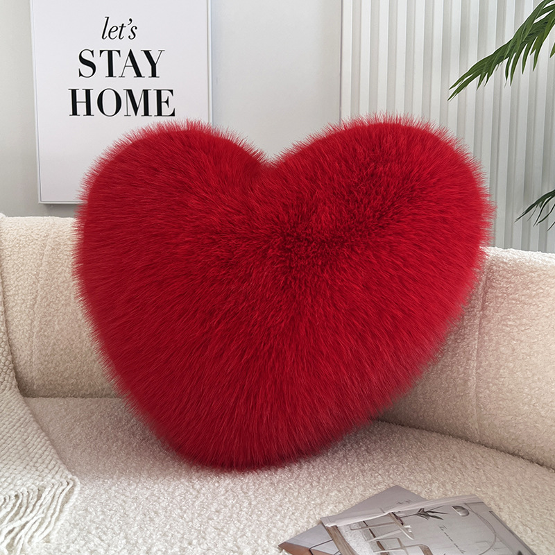 Big Red Heart-shaped Pillow Faux Fox Fur Love Sofa Waist Cushion Wedding Room Wedding Living Room Decorative Light Luxury Pillow