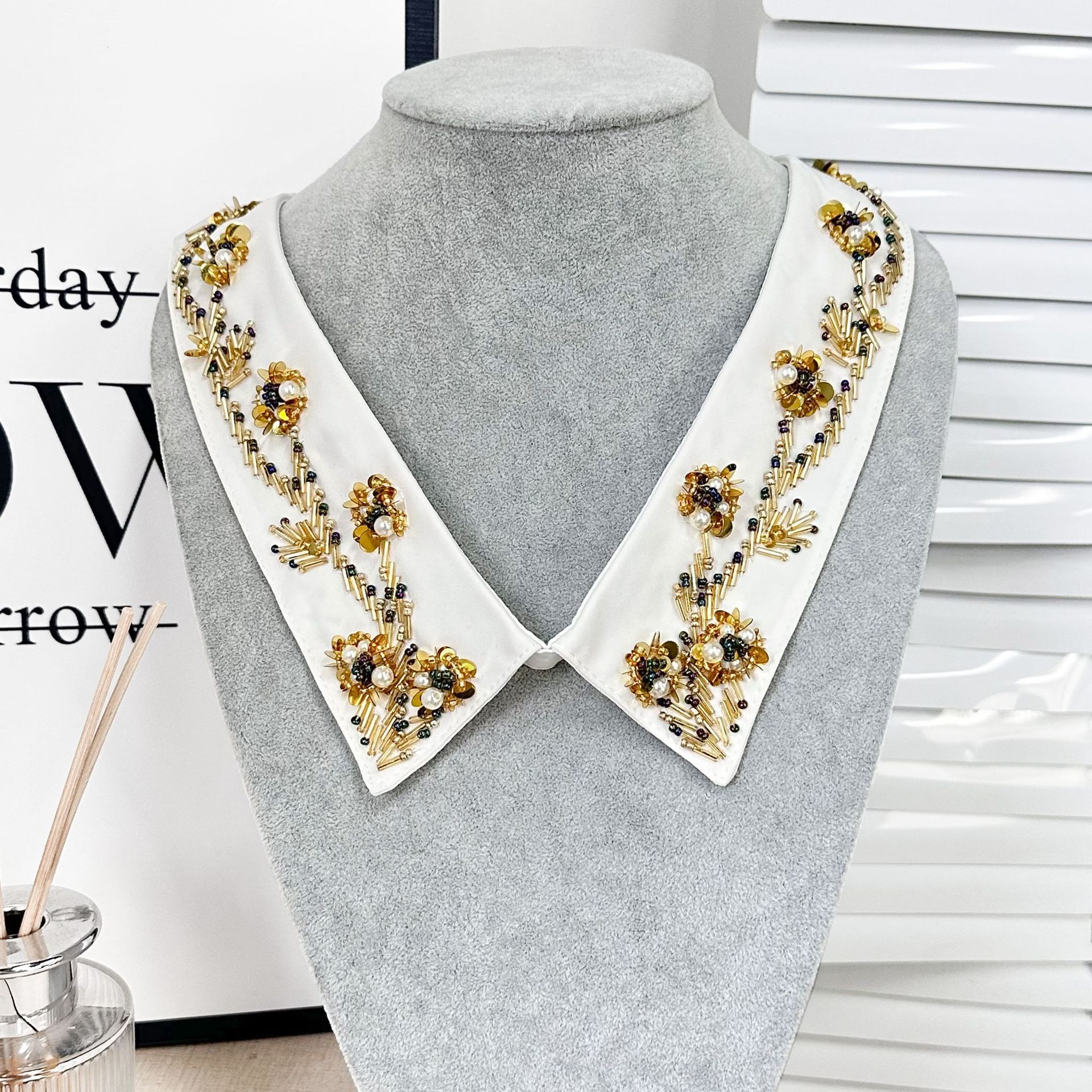 Primavera y verano nuevo dorado esquinado cuello decorado vestido camisa ropa infantil universal lujo ligero cuello falso image 7