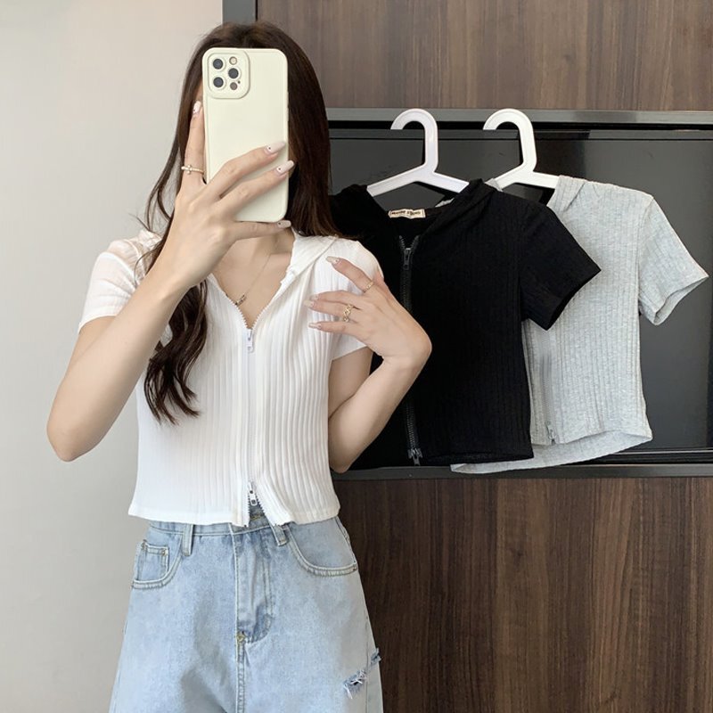 Cross-Border High-Waisted Hooded Double-Zipper Short-Sleeve T-Shirt for Women, New Summer Design, Short and Slim-Fit Ribbed Top