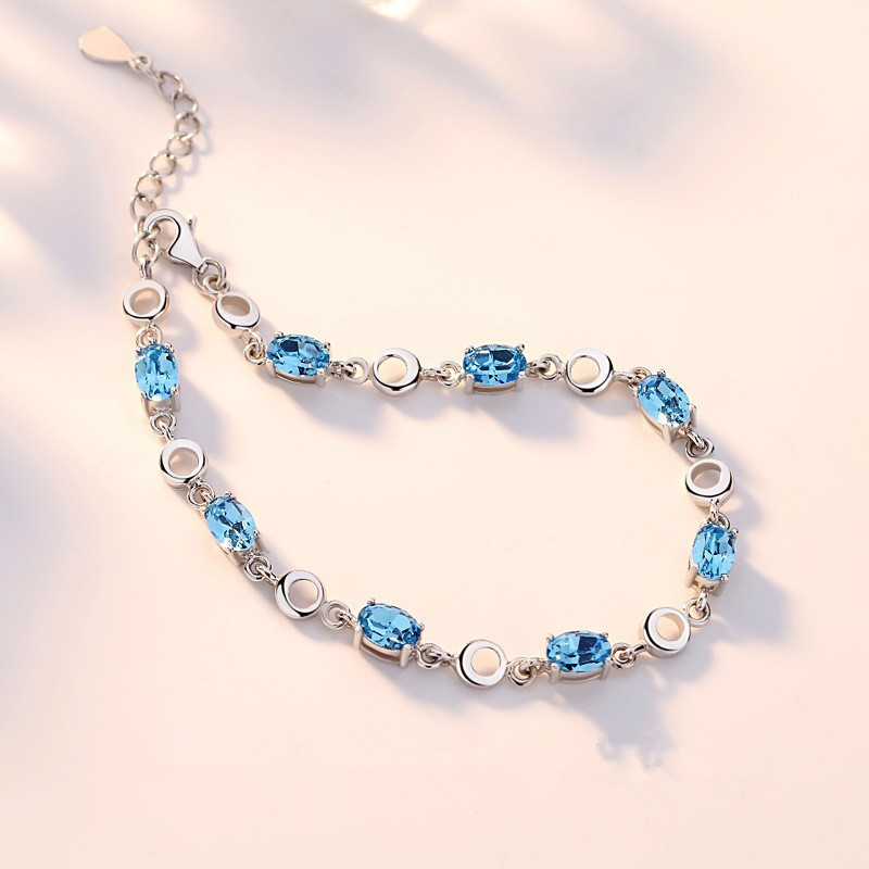 Imitation Sea Blue Topaz Bracelet Small Fresh Silver-Plated Ocean Heart Bracelet Women's Micro-Set Blue Diamond Crystal Bracelet