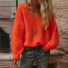 欧美外贸女装热卖V领长袖套头毛衣女秋冬纯色慵懒风宽松针织衫
