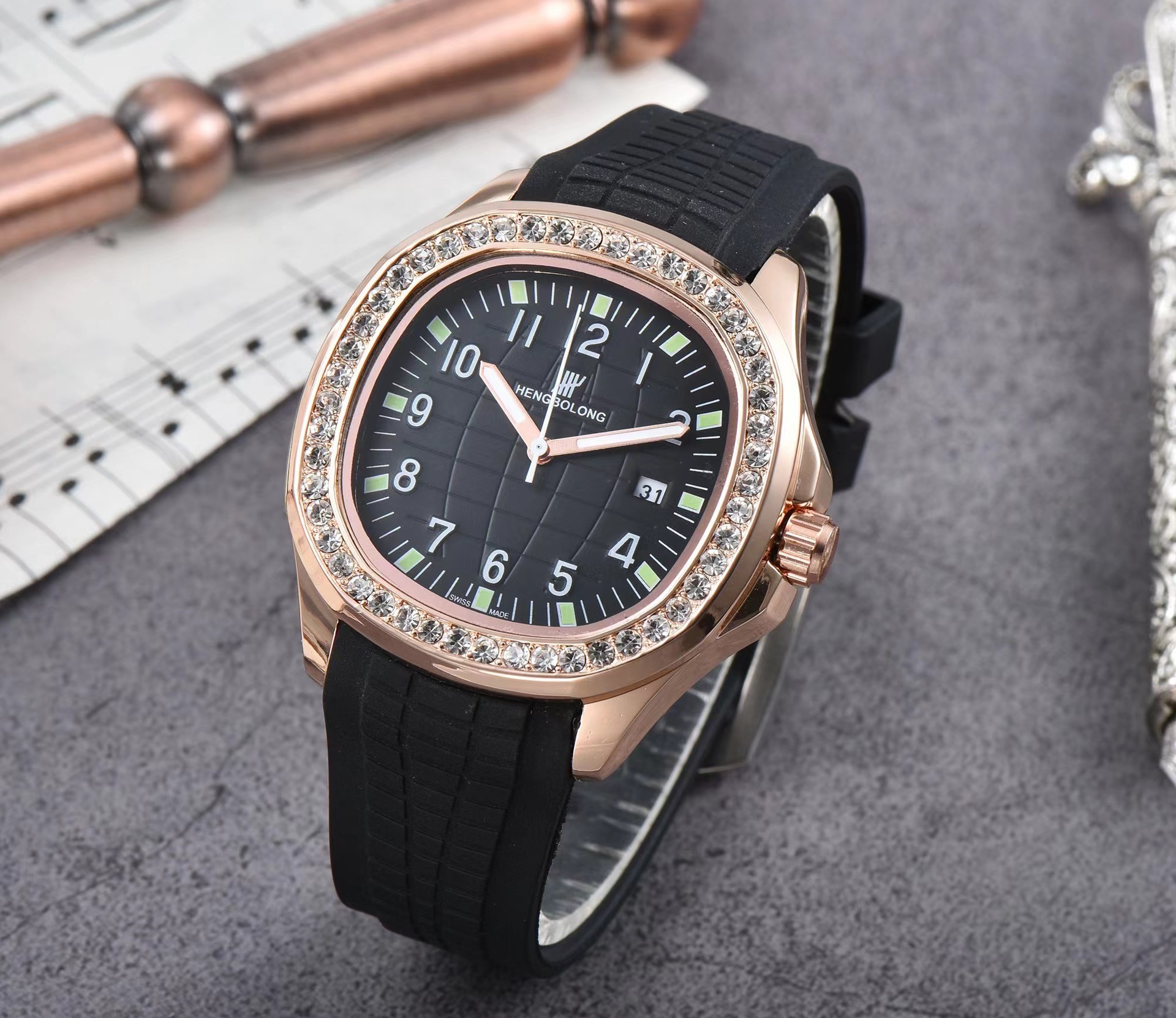 Men's Quartz Watch Square Nautilus Style Diamond Set Silicone_voghion.com