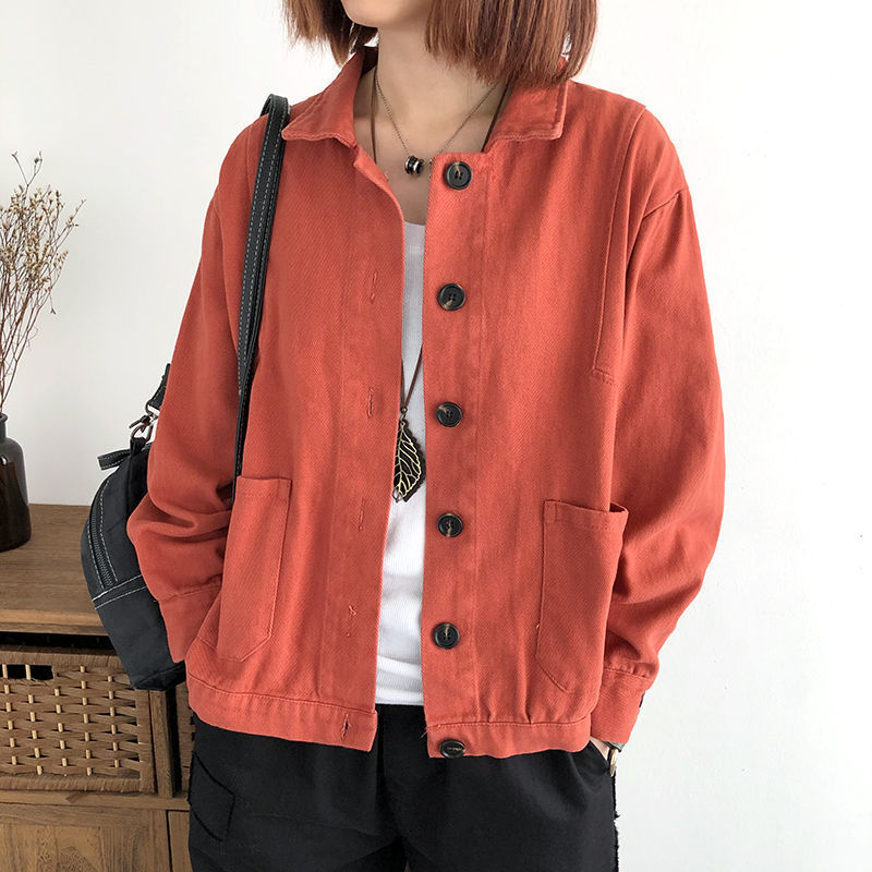 短款休闲外套女秋季新款纯色宽松百搭翻领工装上衣韩版长袖夹克衫|undefined